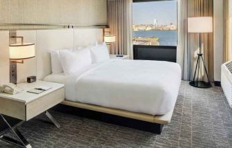 beautiful king room with lovely views at DoubleTree by Hilton Hotel & Suites Jersey City.