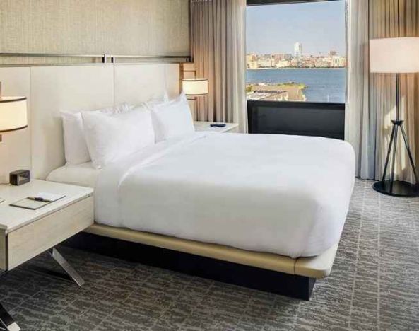 beautiful king room with lovely views at DoubleTree by Hilton Hotel & Suites Jersey City.