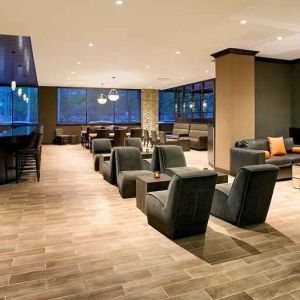 comfortable lobby and lounge area perfect as a coworking space at DoubleTree by Hilton Hotel & Suites Jersey City.