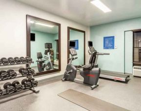 Fitness center with weights and mirrors at the Hampton Inn Boston-Peabody.