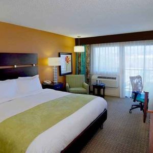 pretty king room with work desk ideal for working remotely at DoubleTree by Hilton Hotel Santa Fe.