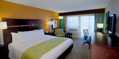 pretty king room with work desk ideal for working remotely at DoubleTree by Hilton Hotel Santa Fe.