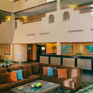 very comfortable lobby and coworking space at DoubleTree by Hilton Hotel Santa Fe.