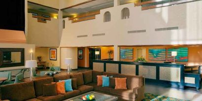very comfortable lobby and coworking space at DoubleTree by Hilton Hotel Santa Fe.