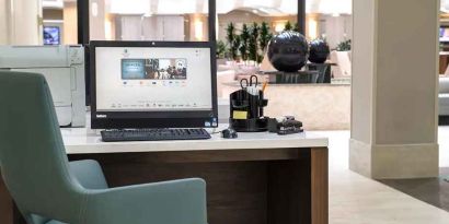 Dedicated workspace and business center at Embassy Suites by Hilton Seattle Tacoma International Airport.