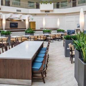 Comfortable lobby lounge area ideal as a coworking space at Embassy Suites by Hilton Seattle Tacoma International Airport.