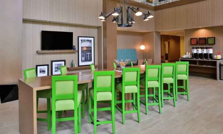 Lobby workspace perfect for co-working at the Hampton Inn & Suites St. Paul Oakdale/Woodbury by Hilton.