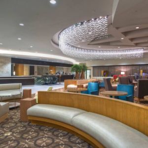 Stylish lobby workspace with lounges at the DoubleTree by Hilton Washington DC - Crystal City.