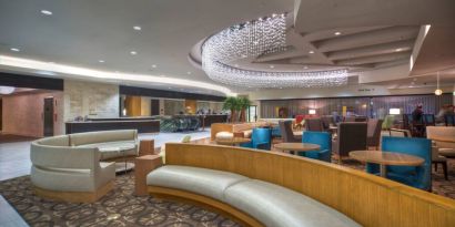 Stylish lobby workspace with lounges at the DoubleTree by Hilton Washington DC - Crystal City.