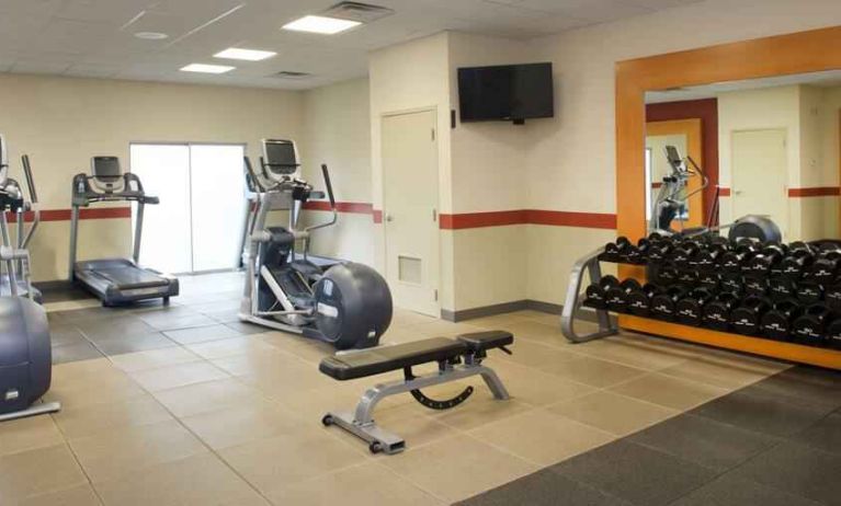 Fitness center with weights at the Embassy Suites by Hilton Cincinnati Blue Ash.