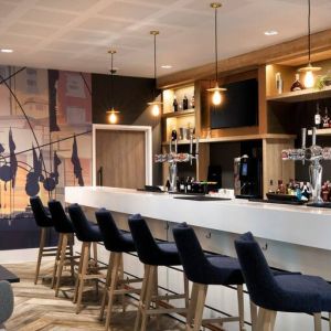 Hotel workspace along the bar at the Hampton by Hilton Bristol Airport.