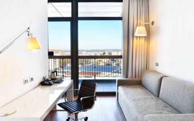 Working station with view in a hotel room at the Hilton Garden Inn Milan North.