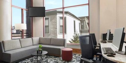 Dedicated business center with PC, internet, and work desks at Homewood Suites by Hilton University City Philadelphia, PA.