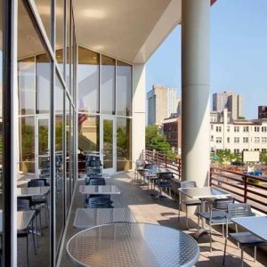 Pretty outdoor terrace ideal as a coworking space at Homewood Suites by Hilton University City Philadelphia, PA.