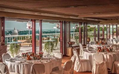 Dining area perfect for co-working at the Rome Cavalieri, A Waldorf Astoria Hotel.