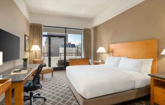 spacious king suite with work desk and city views at Hilton San Francisco Financial District.