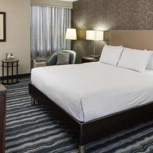 Comfortable king room with TV and work desk ideal for working remotely at DoubleTree by Hilton Hotel Wilmington.