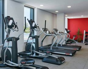 Ellipticals, treadmills, and space for free weights in hotel exercise room.