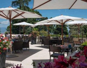 Outdoor patio perfect for co-working at the Hilton Evian-les-Bains.