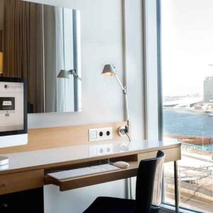 Working station overlooking the canals at the DoubleTree by Hilton Amsterdam Centraal Station.