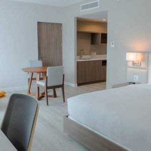 spacious king suite with work desk and lounge area at Hilton Garden Inn Santa Ana San Jose.