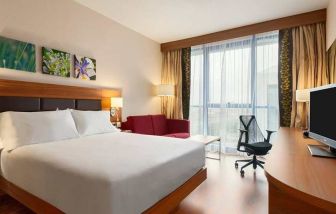 comfortable king bed with work desk, TV, and large windows at Hilton Garden Inn Sevilla.