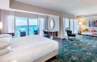 King suite with working station overlooking the sea at the Caribe Hilton.