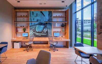 Business center with computers and workstations at the Hampton by Hilton Warsaw Mokotow.