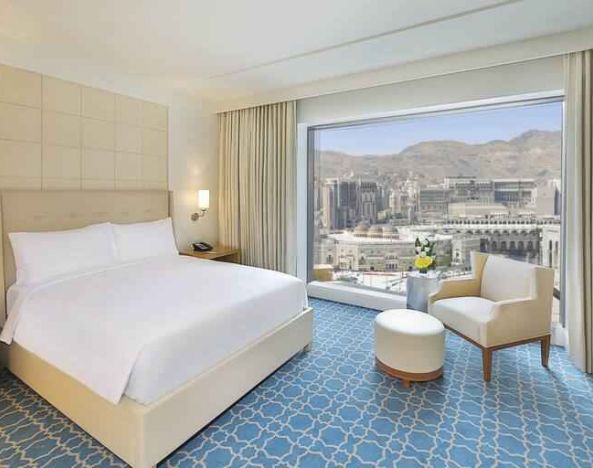 King bedroom with view at the Hilton Makkah Convention Hotel.
