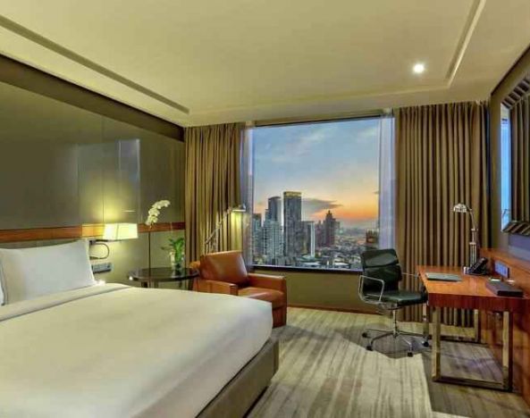 King bedroom with desk along the window at the Hilton Sukhumvit Bangkok.