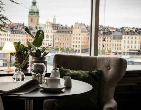 Working station overlooking the city at the Hilton Stockholm Slussen.