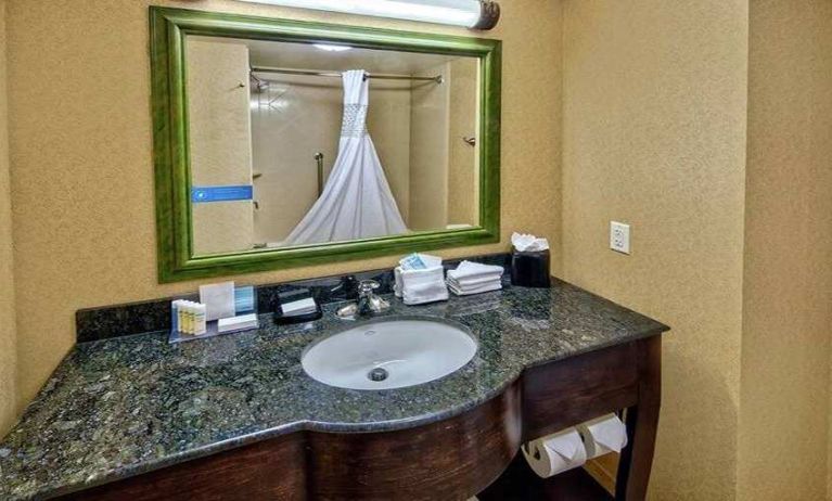 Clean and spacious king bathroom with shower at at Hampton Inn & Suites Lebanon.