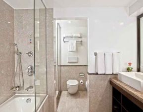 clean and spacious king bathroom with shower and bath at Hilton Cairo Heliopolis.