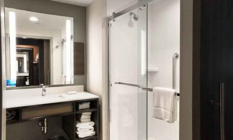 Guest bathroom with shower at Hilton Garden Inn Bel Air.