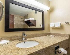Clean and spacious guest bathroom at Red Roof PLUS+ & Suites Houston - IAH Airport SW.