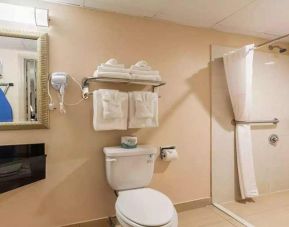 Clean and spacious guest bathroom with shower at Quality Inn Pasadena.