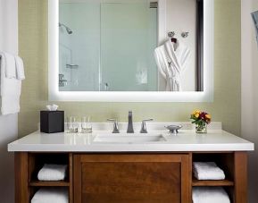 Guest bathroom with shower at The Ambrose Hotel Santa Monica.