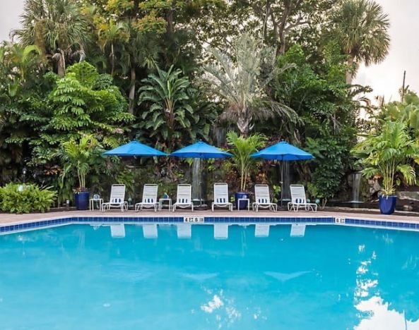 Large outdoor pool with deck chairs at Park Shore Resort.