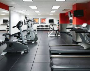 The hotel’s fitness center is equipped with multiple exercise machines, benches, and weights.