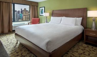 Double bed guest room within the Hilton Garden Inn Chicago Downtown Riverwalk, with city views through the large window.