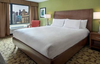 Double bed guest room within the Hilton Garden Inn Chicago Downtown Riverwalk, with city views through the large window.