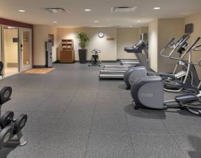 The hotel fitness center, with racks of weights and assorted exercise machinery.