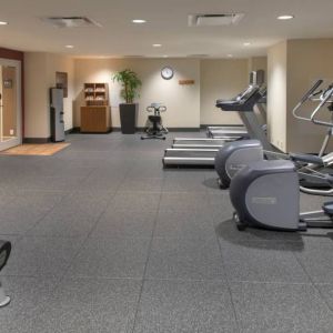 The hotel fitness center, with racks of weights and assorted exercise machinery.