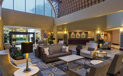Lounge in the Sheraton Houston Brookhollow Hotel lobby, with array of comfy chairs and sofas, plus small tables.