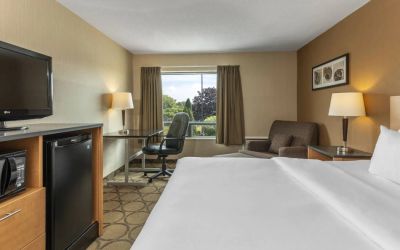 Double bed guest room in Comfort Inn Saskatoon, with window and TV.