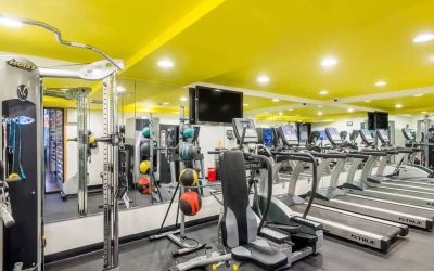 The hotel’s fitness room, furnished with a range of exercise machines.