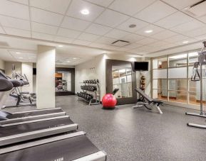 The hotel fitness center, equipped with weights, exercise bench, and various fitness machines.