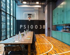 The Moxy NYC Downtown’s basketball court can double up as a meeting room for working guests.