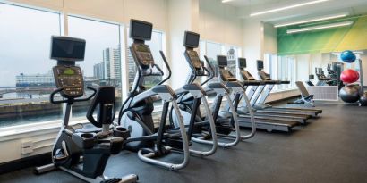 The hotel’s fitness center offers an assortment of exercise equipment.