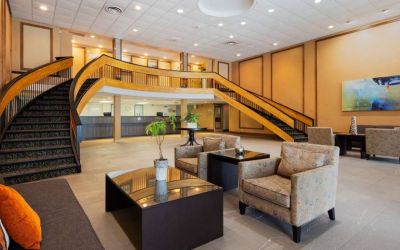 The hotel’s lobby lounge offers comfortable chairs and sofas, plus coffee tables.